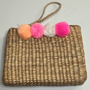 Sea & Grass | Woven Straw & Pom Pom Wristlet Clutch